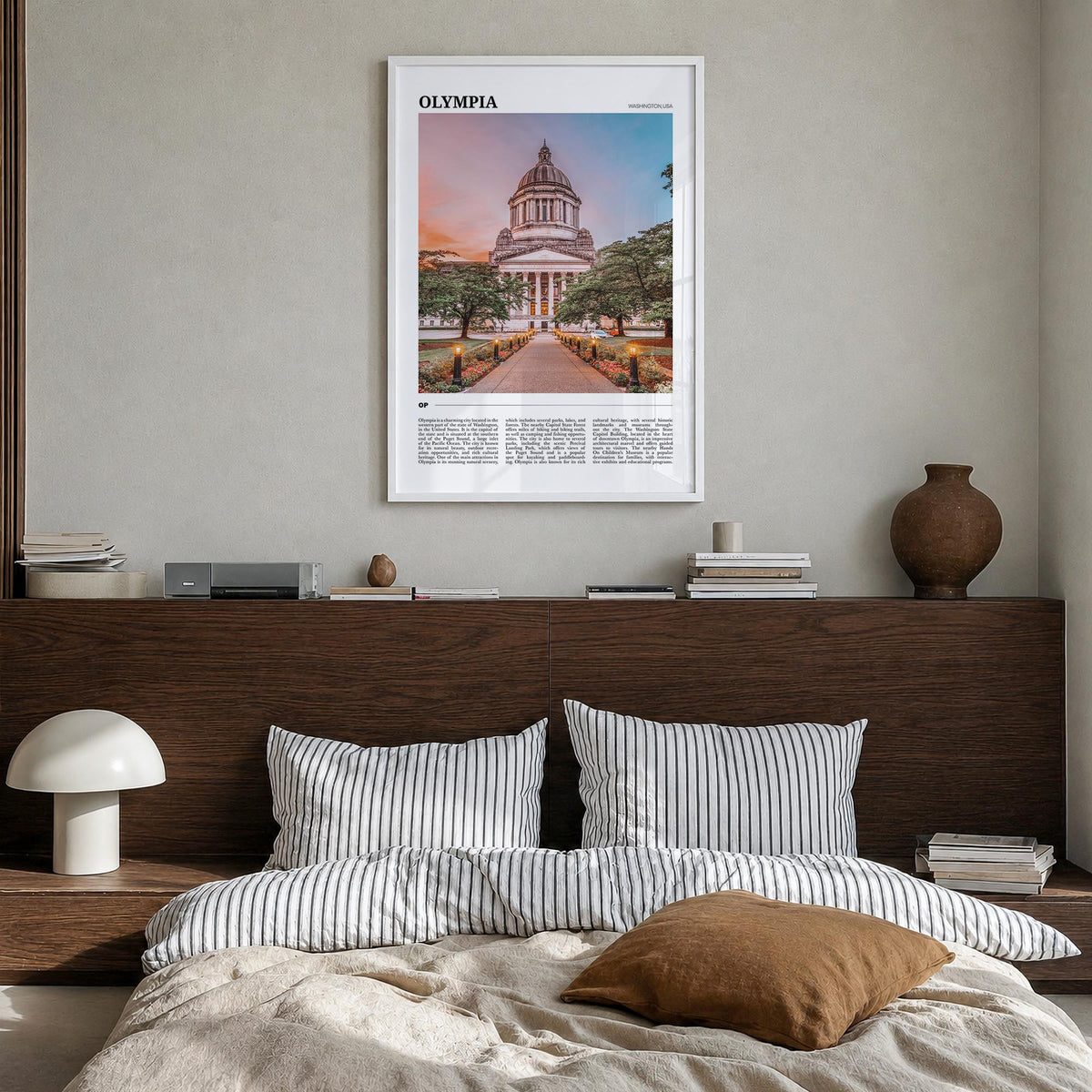 Olympia colorful travel poster of Washington, USA – vertical wall art in white wood frame, hanging on wall