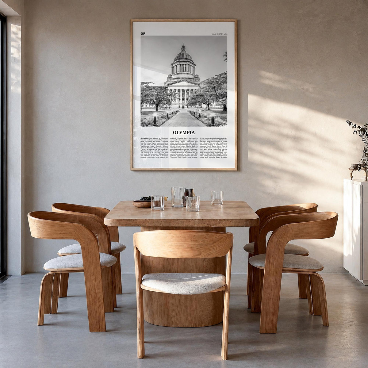 Olympia no. 1 black & white newspaper poster of Washington, USA – vertical wall art in natural wood frame, hanging on wall