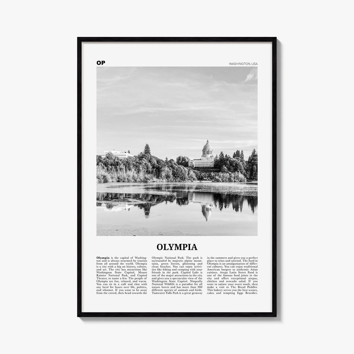 Olympia no. 2 black & white newspaper poster of Washington, USA – vertical wall art, unframed print shown in interior mockup