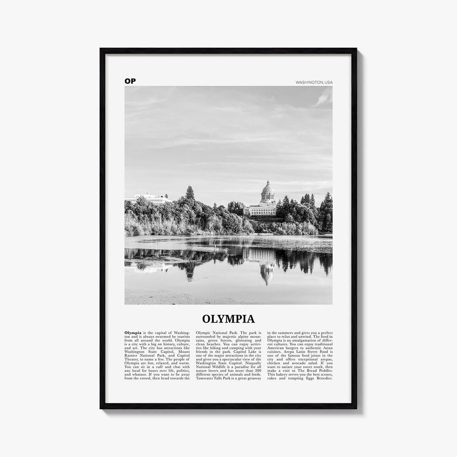 Olympia no. 2 black & white newspaper poster of Washington, USA – vertical wall art, unframed print shown in interior mockup