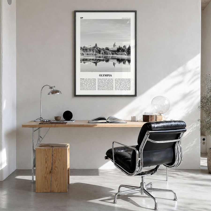 Olympia Newspaper No 2 Poster in a black wood frame, hanging in a bright home office