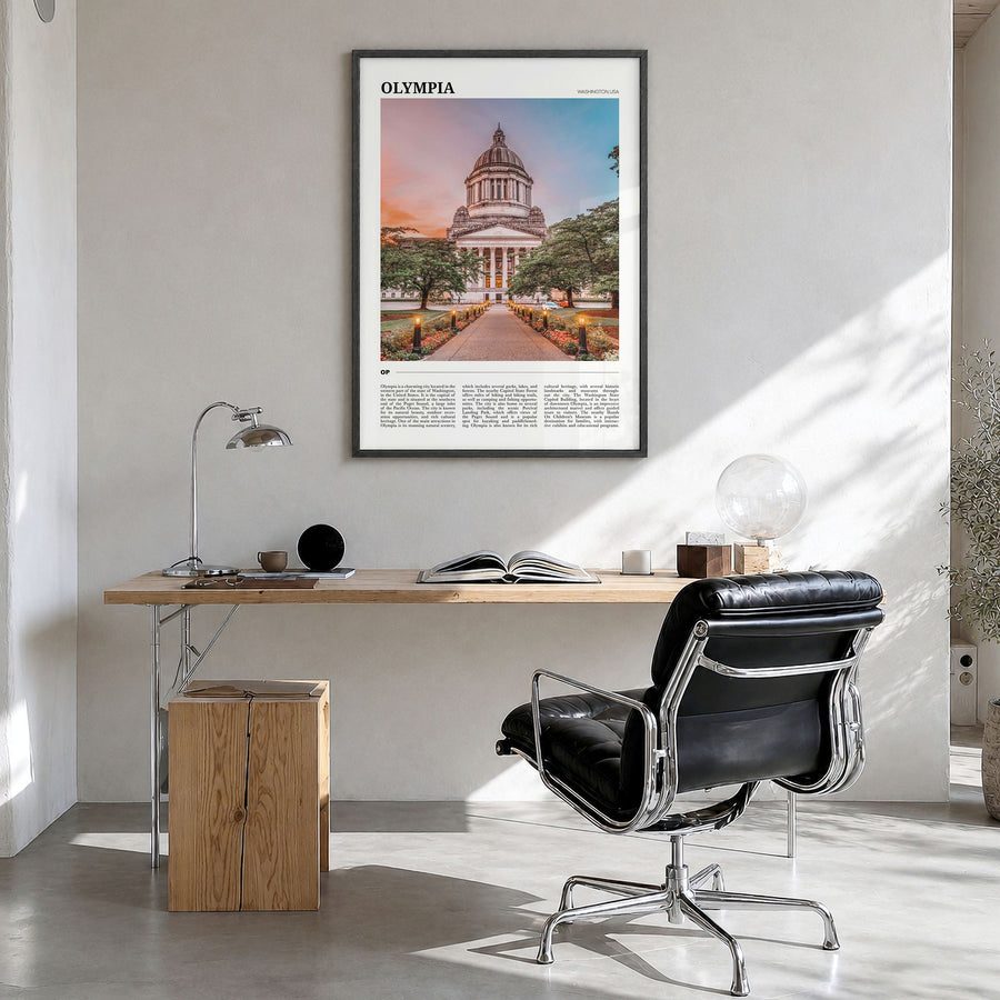 Olympia Travel Poster in a black wood frame, hanging in a bright home office