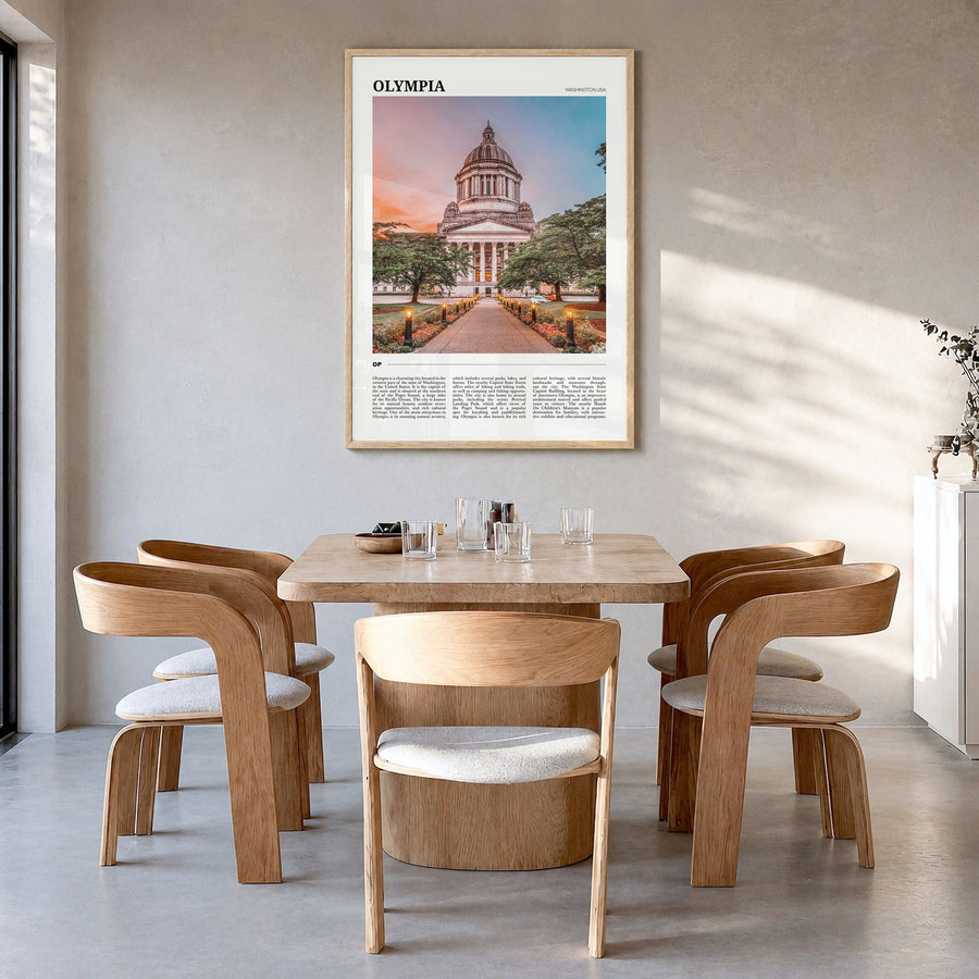 Olympia Travel Poster in a natural wood frame, hanging in a dining room