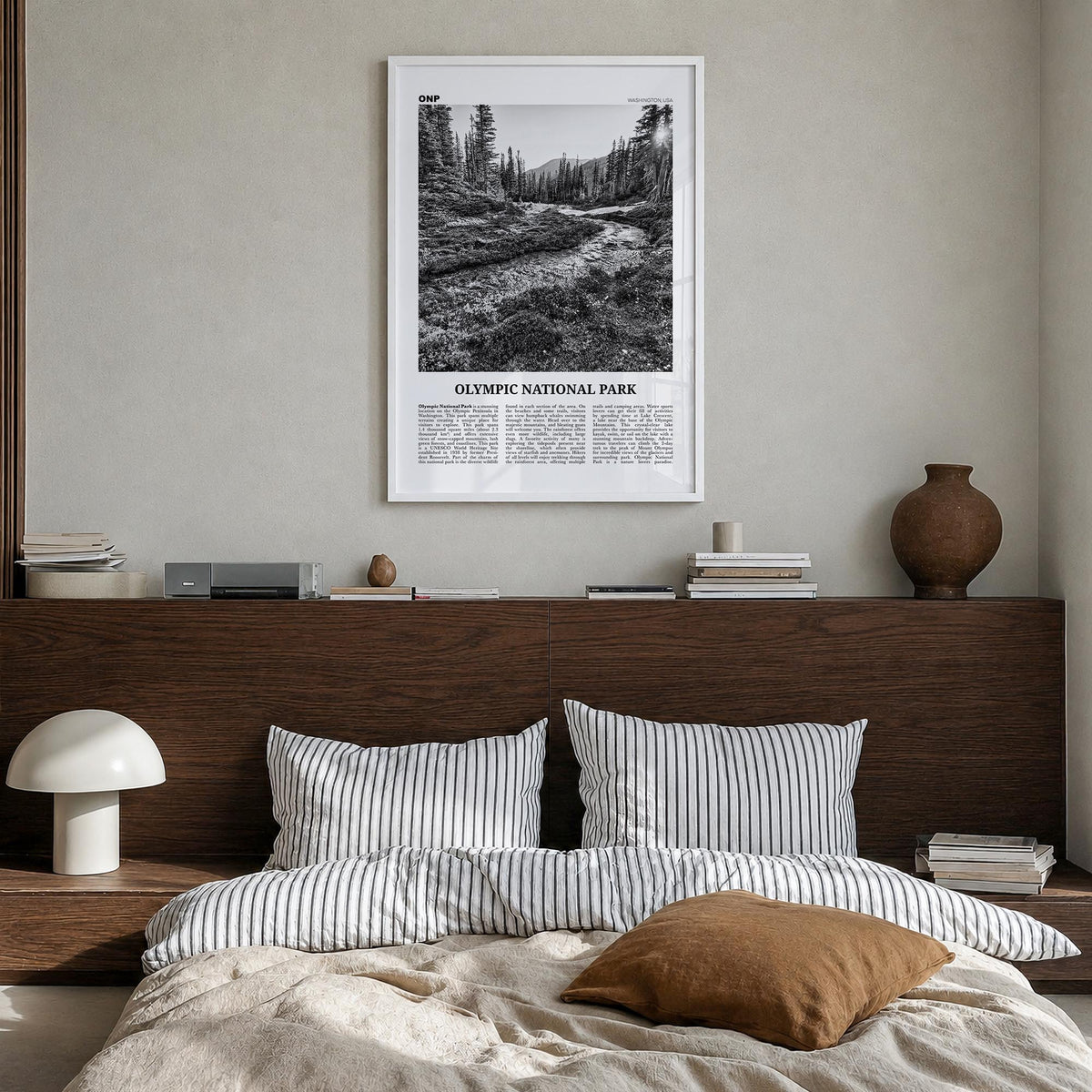 Olympic National Park black & white newspaper poster of Washington, USA – vertical wall art in white wood frame, hanging on w