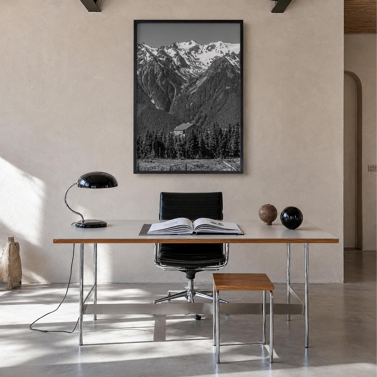 Olympic National Park black & white photo poster of Washington, USA – vertical wall art in black wood frame, hanging on wall