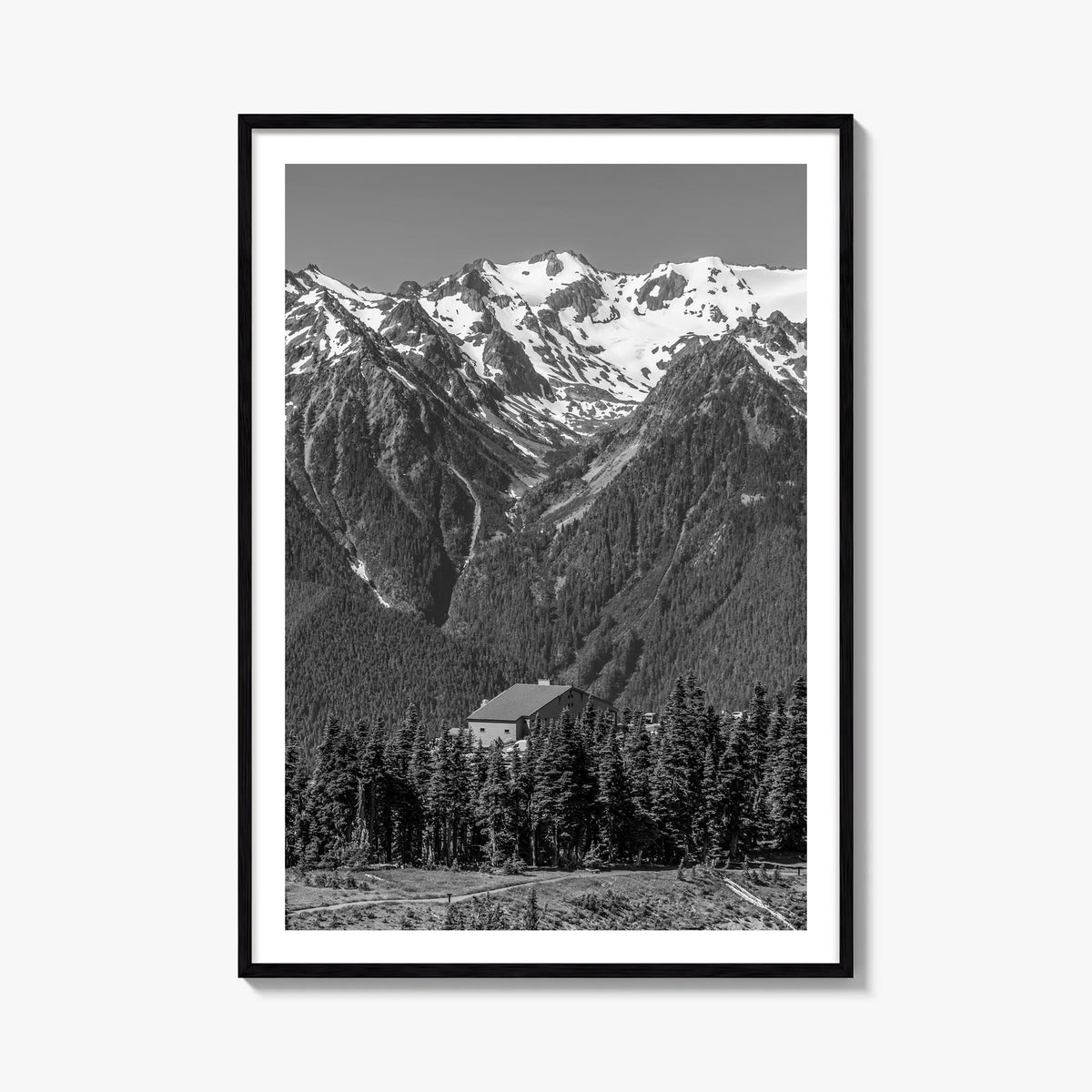 Olympic National Park black & white photo poster of Washington, USA – vertical wall art, unframed print shown in interior moc