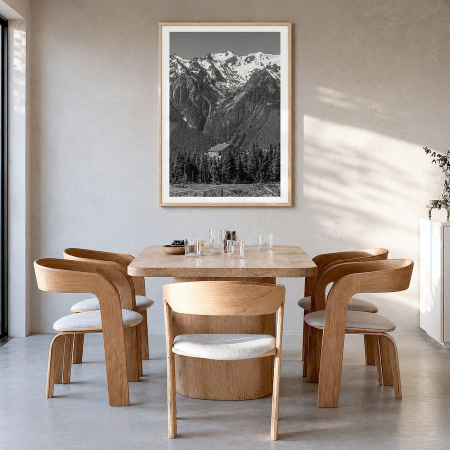 Olympic National Park Photo Poster in a natural wood frame, hanging in a dining room, white border