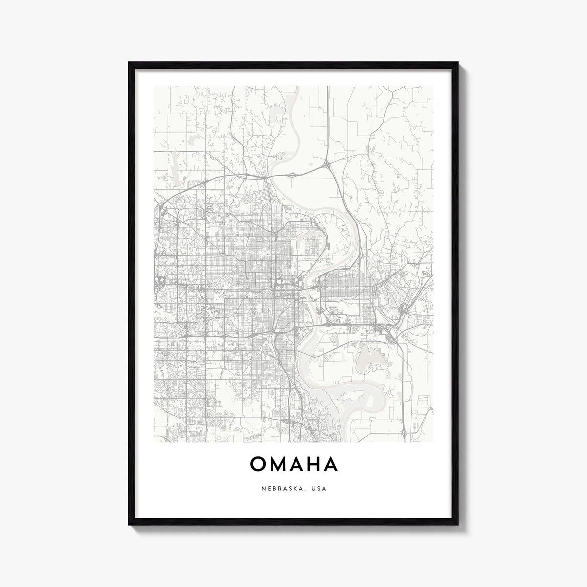 Omaha black & white map poster of Nebraska, USA – vertical wall art, unframed print shown in interior mockup