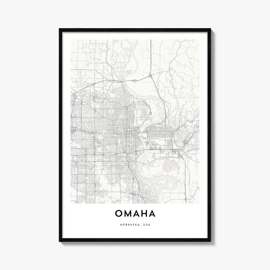 Omaha black & white map poster of Nebraska, USA – vertical wall art, unframed print shown in interior mockup