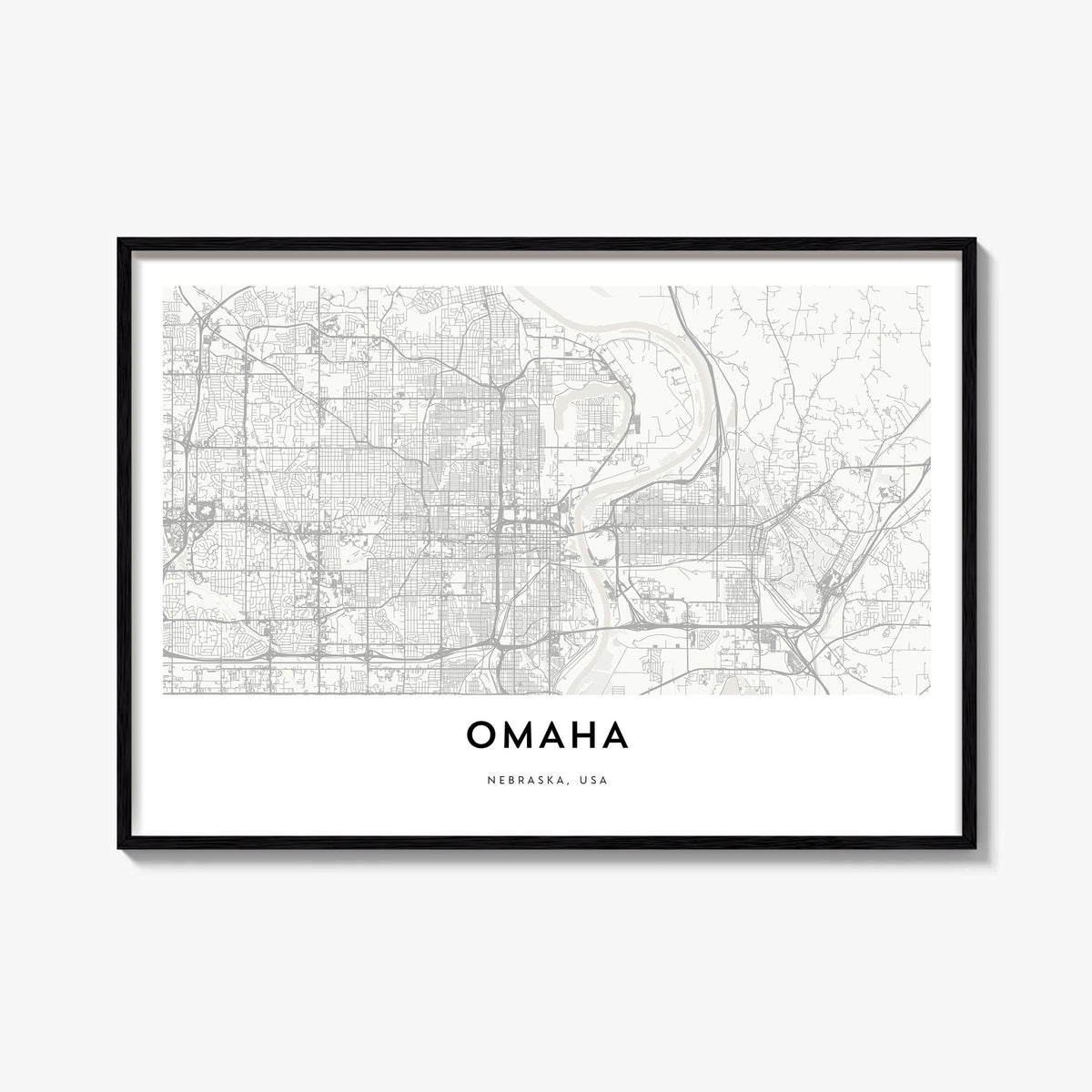 Omaha black & white map poster of Nebraska, USA – horizontal wall art, unframed print shown in interior mockup