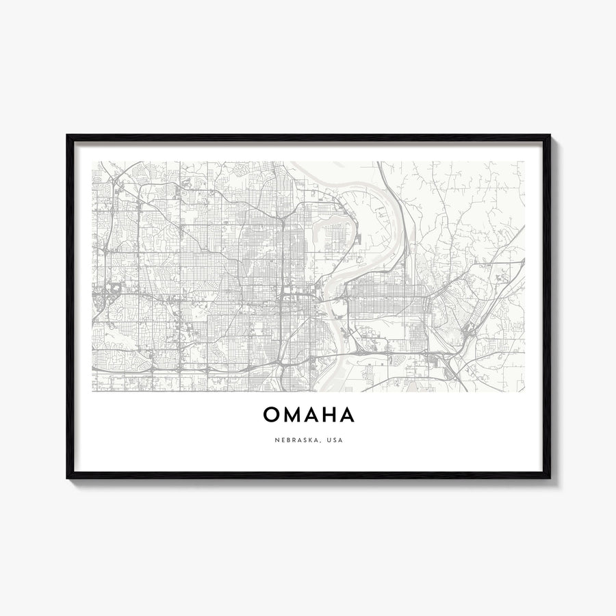 Omaha black & white map poster of Nebraska, USA – horizontal wall art, unframed print shown in interior mockup