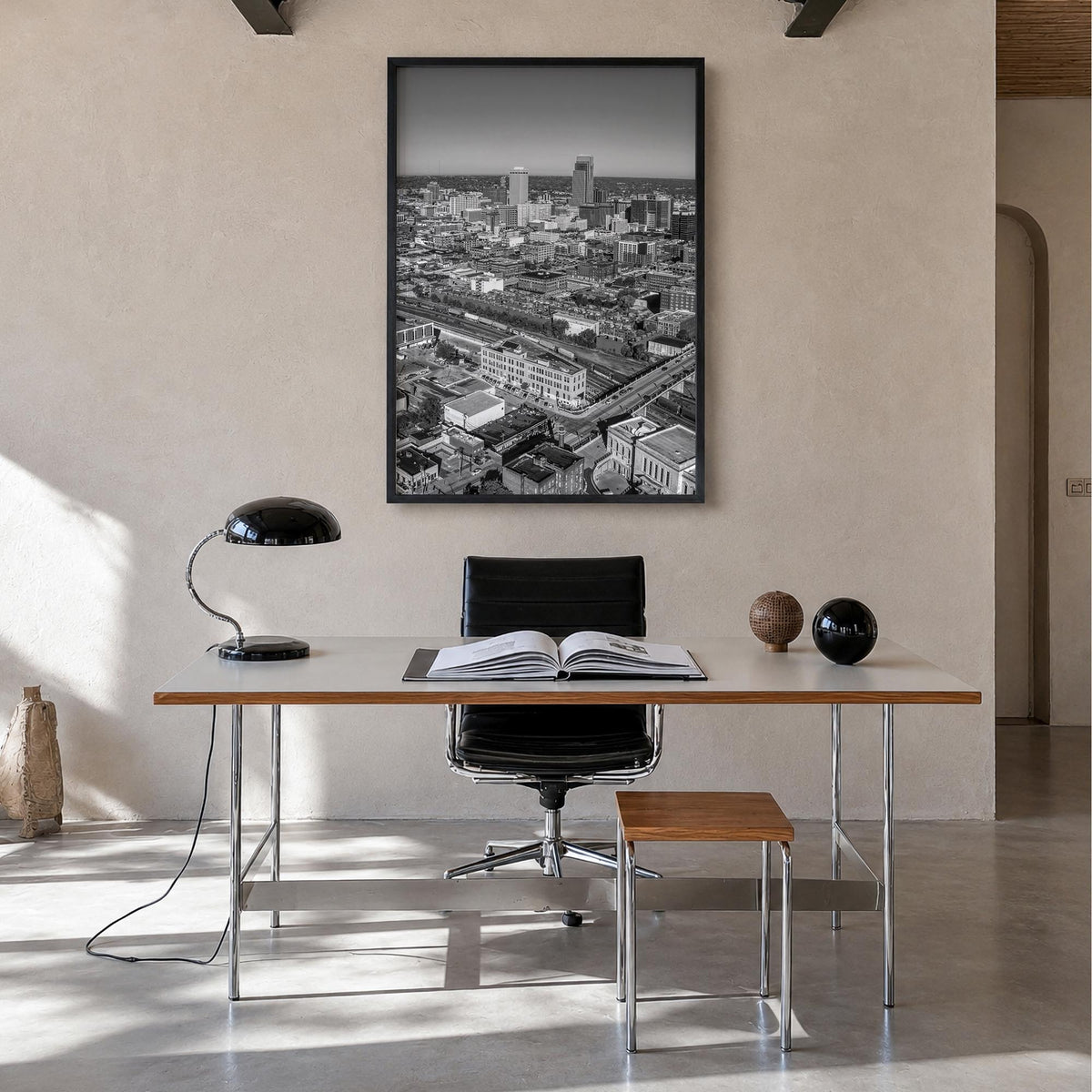 Omaha black & white photo poster of Nebraska, USA – vertical wall art in black wood frame, hanging on wall