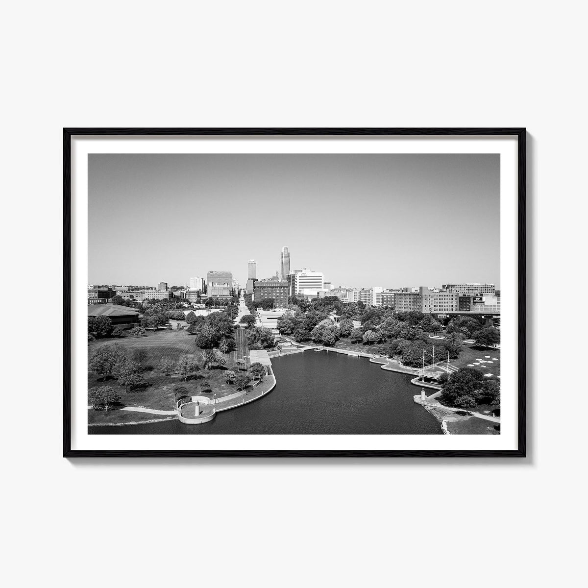 Omaha black & white photo poster of Nebraska, USA – horizontal wall art, unframed print shown in interior mockup