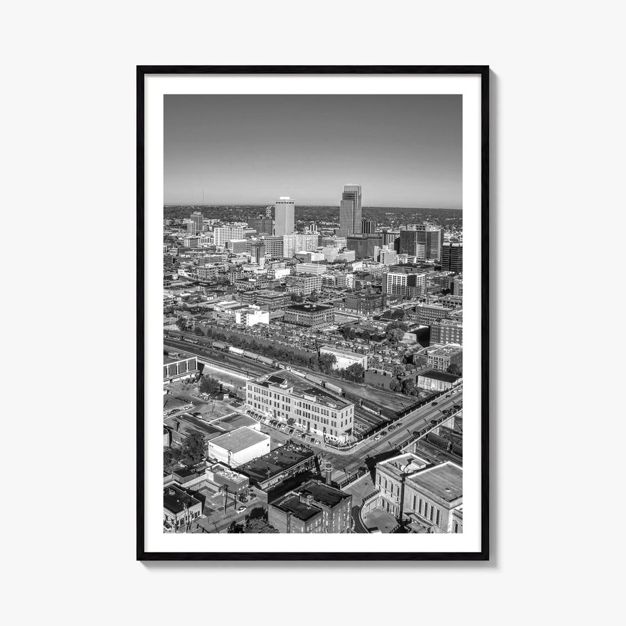 Omaha black & white photo poster of Nebraska, USA – vertical wall art, unframed print shown in interior mockup