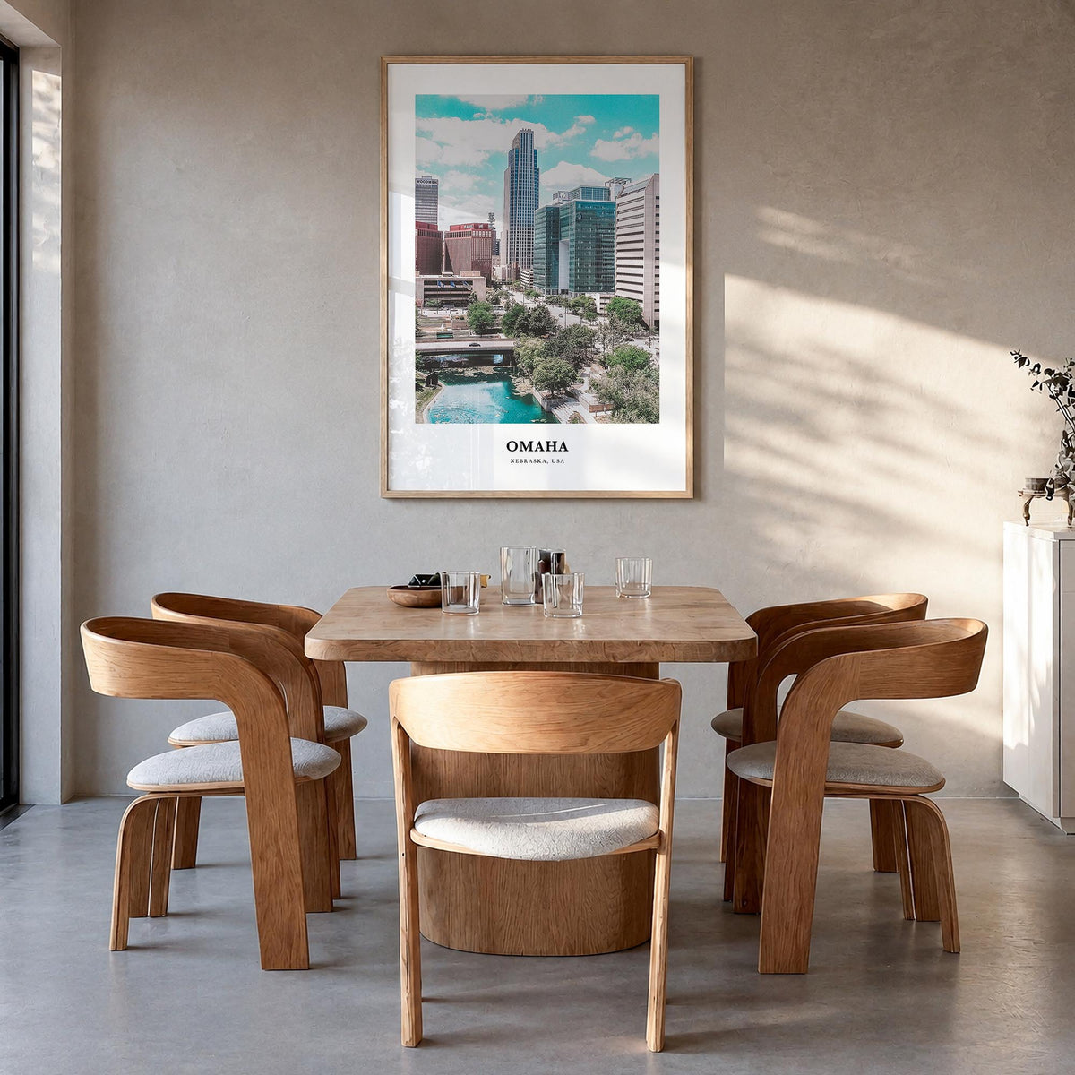 Omaha colorful classic poster of Nebraska, USA – vertical wall art in natural wood frame, hanging on wall