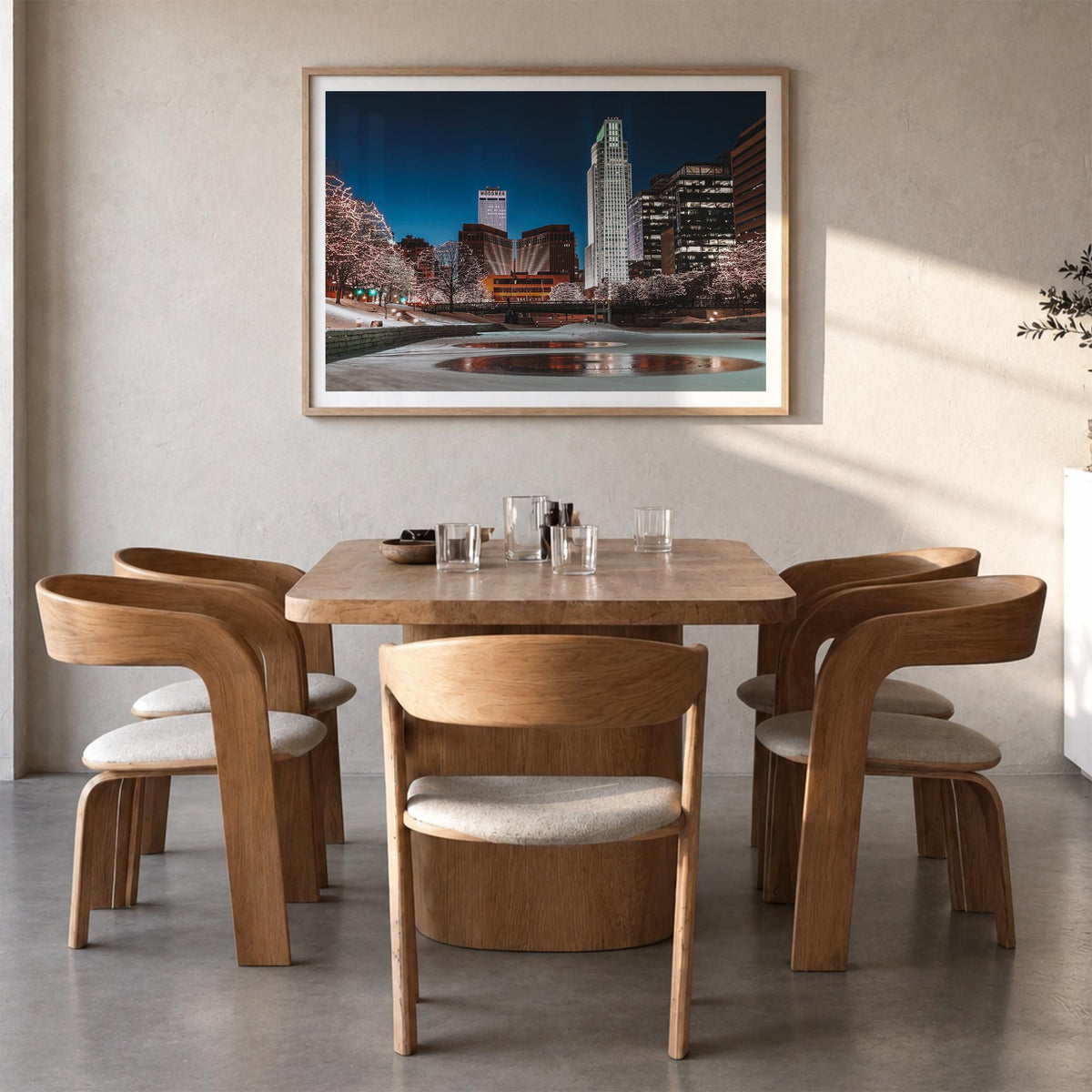 Omaha colorful photo poster of Nebraska, USA – horizontal wall art in natural wood frame with white border, hanging on wall