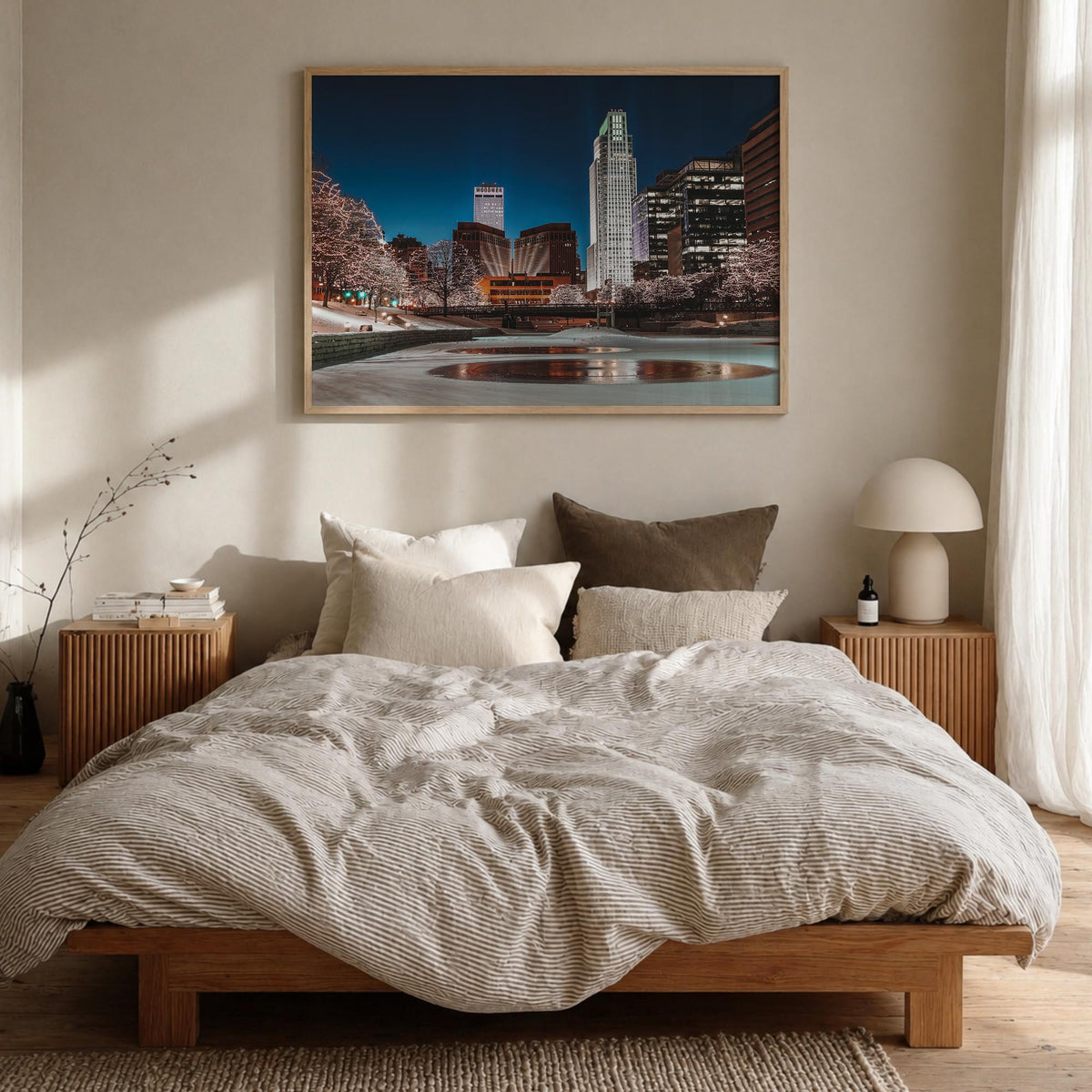 Omaha colorful photo poster of Nebraska, USA – horizontal wall art in natural wood frame, hanging on wall