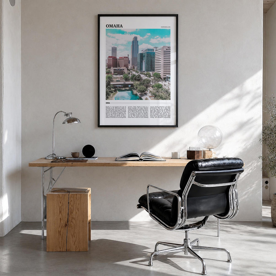 Omaha colorful travel poster of Nebraska, USA – vertical wall art in black wood frame, hanging on wall