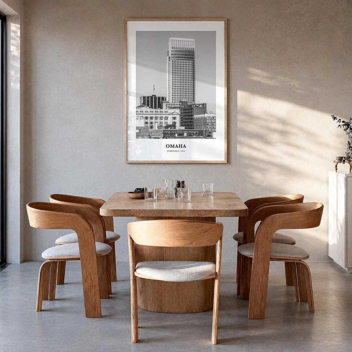 Omaha no. 1 black & white classic poster of Nebraska, USA – vertical wall art in natural wood frame, hanging on wall