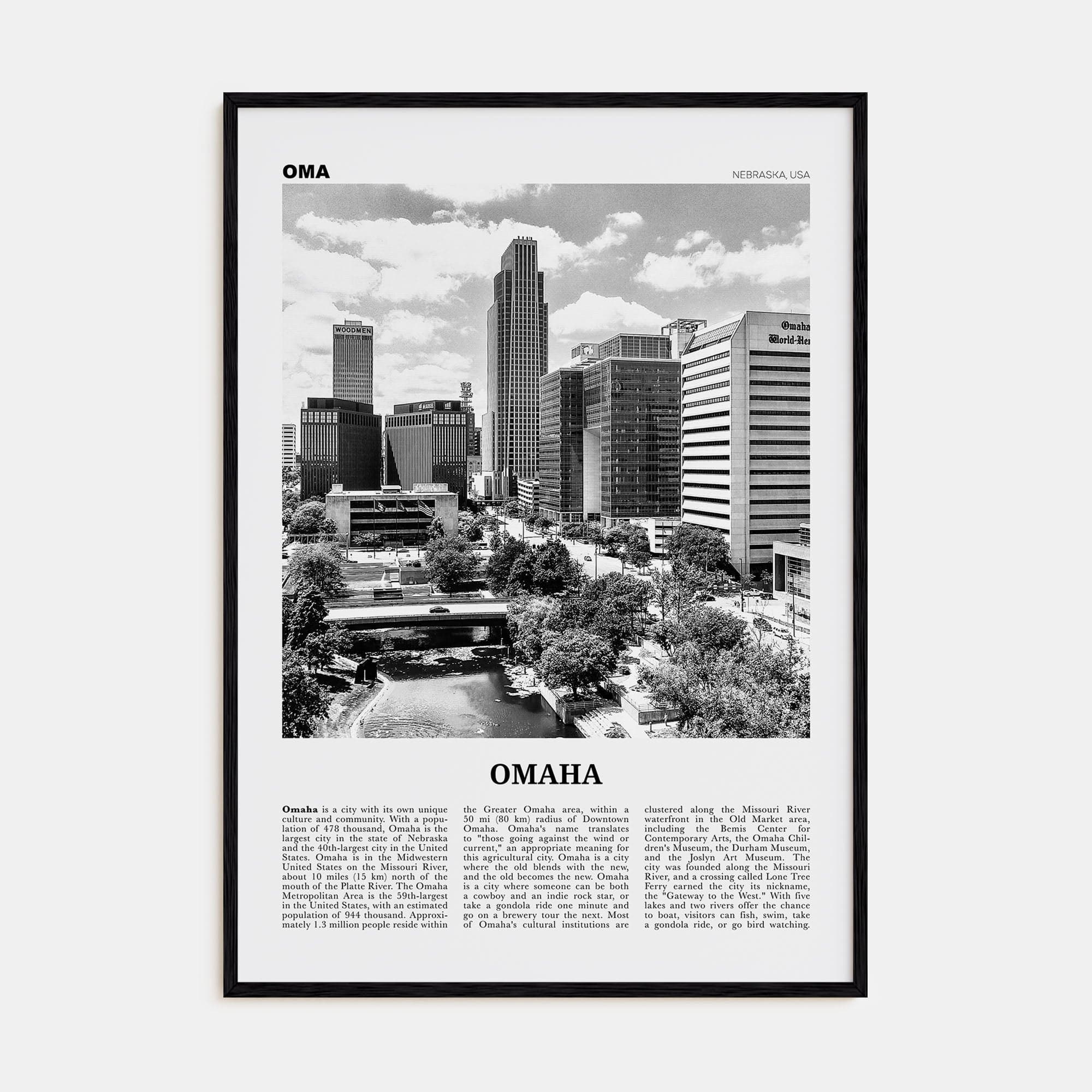 Omaha No 1 Poster Black Wood / 8x12 in Nbourhood Travel B&W Poster