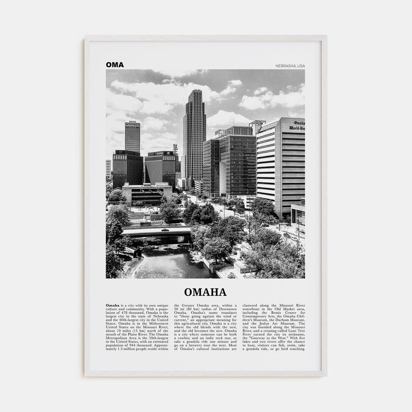 Omaha No 1 Poster White Wood / 8x12 in Nbourhood Travel B&W Poster