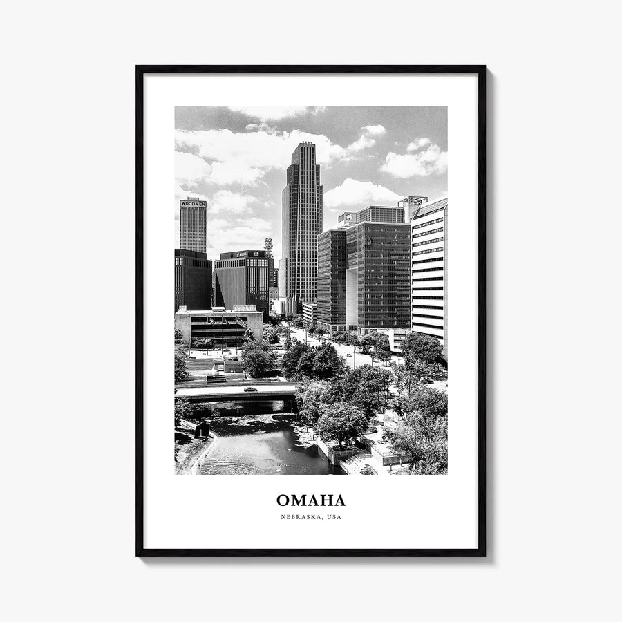 Omaha no. 2 black & white classic poster of Nebraska, USA – vertical wall art, unframed print shown in interior mockup