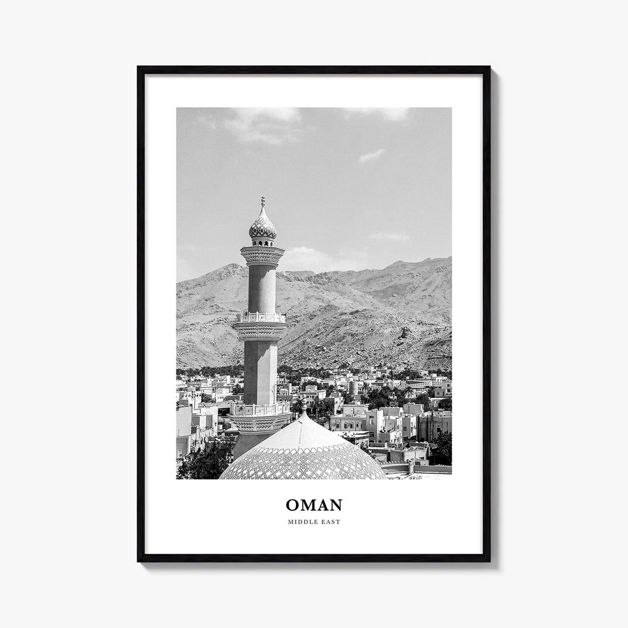 Oman black & white classic poster of Middle East – vertical wall art, unframed print shown in interior mockup