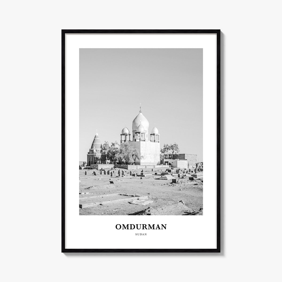 Omdurman black & white classic poster of Sudan – vertical wall art, unframed print shown in interior mockup