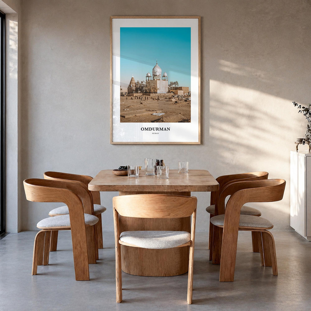 Omdurman colorful classic poster of Sudan – vertical wall art in natural wood frame, hanging on wall