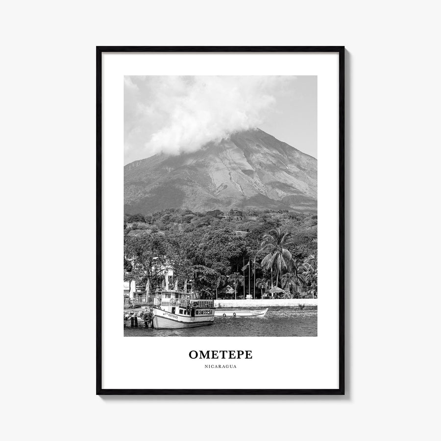 Ometepe black & white classic poster of Nicaragua – vertical wall art, unframed print shown in interior mockup