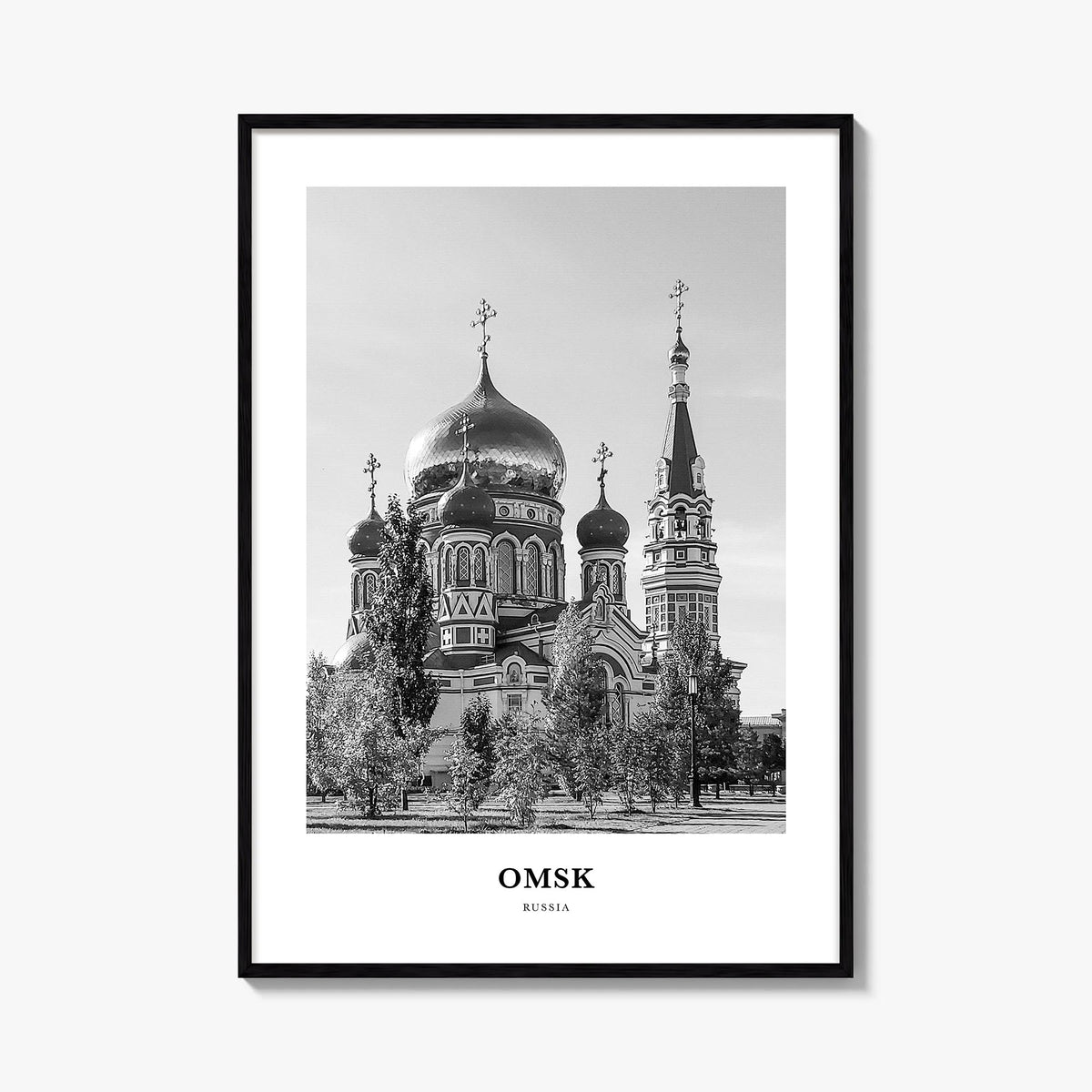 Omsk black & white classic poster of Russia – vertical wall art, unframed print shown in interior mockup