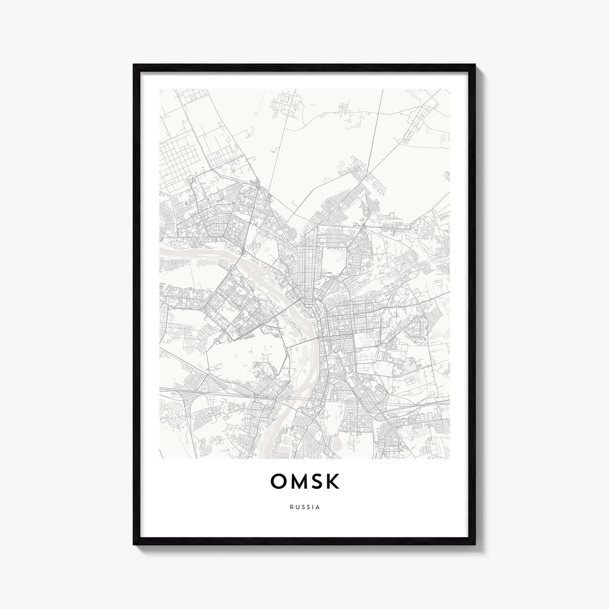 Omsk black & white map poster of Russia – vertical wall art, unframed print shown in interior mockup