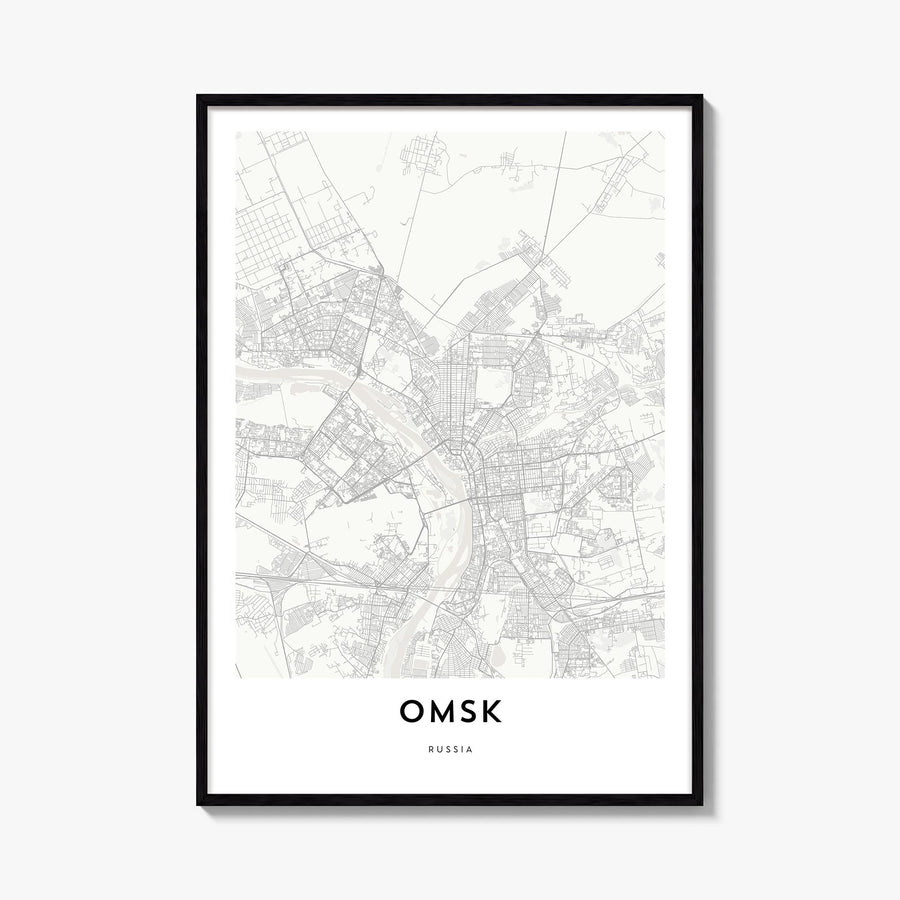 Omsk black & white map poster of Russia – vertical wall art, unframed print shown in interior mockup