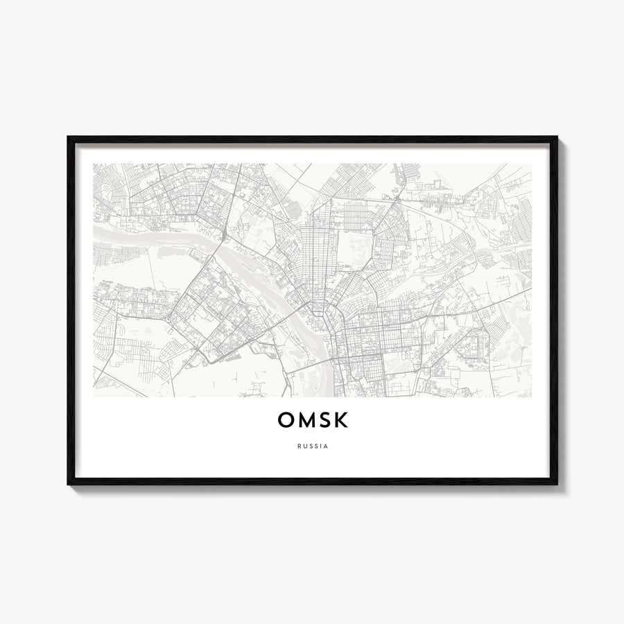 Omsk black & white map poster of Russia – horizontal wall art, unframed print shown in interior mockup