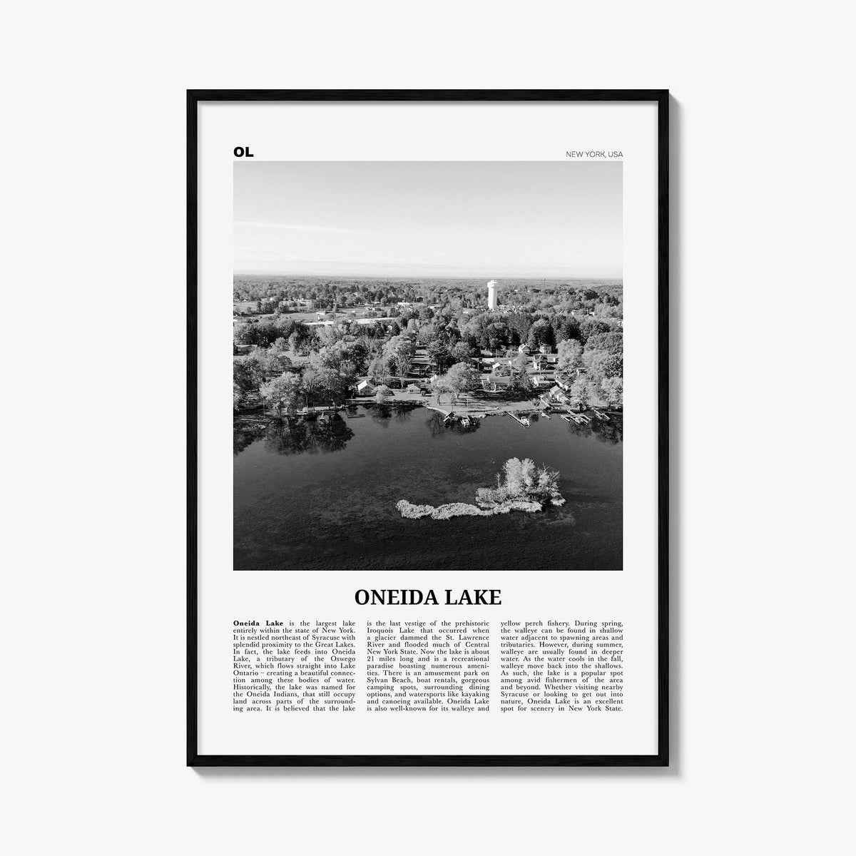 Oneida Lake black & white newspaper poster of New York, USA – vertical wall art, unframed print shown in interior mockup