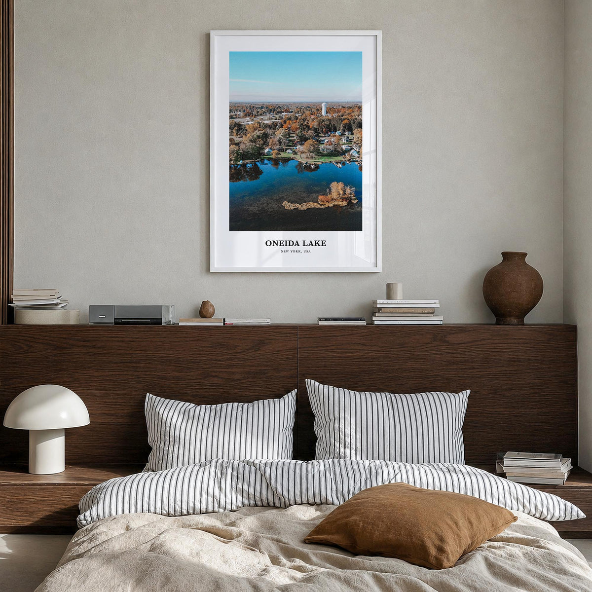 Oneida Lake colorful classic poster of New York, USA – vertical wall art in white wood frame, hanging on wall