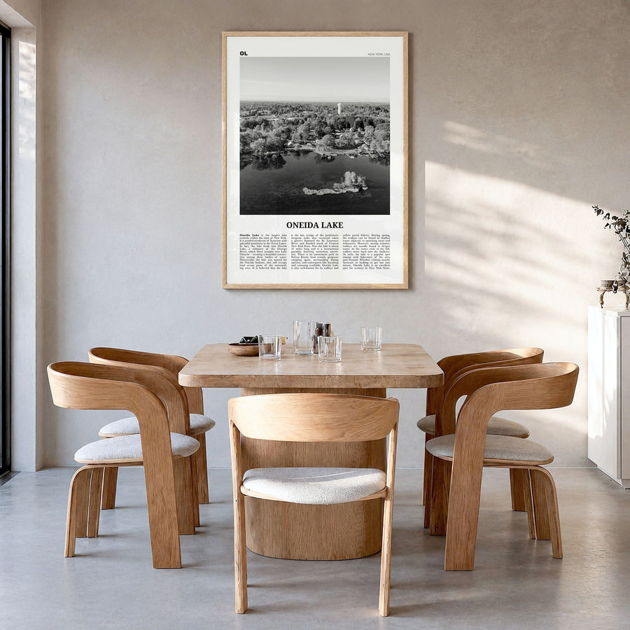 Oneida Lake Newspaper Poster in a natural wood frame, hanging in a dining room