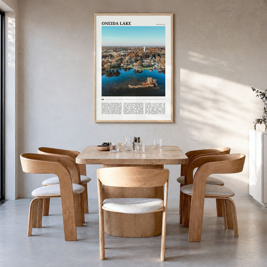 Oneida Lake Travel Poster in a natural wood frame, hanging in a dining room