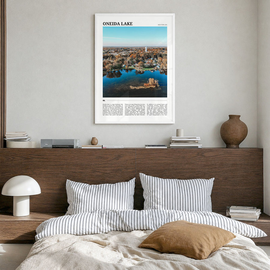 Oneida Lake Travel Poster in a white wood frame, hanging in a bedroom