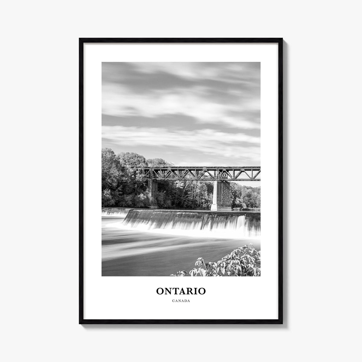 Ontario black & white classic poster of Canada – vertical wall art, unframed print shown in interior mockup