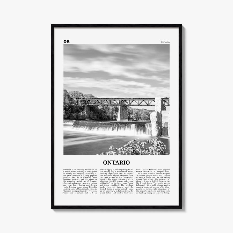 Ontario black & white newspaper poster of Canada – vertical wall art, unframed print shown in interior mockup