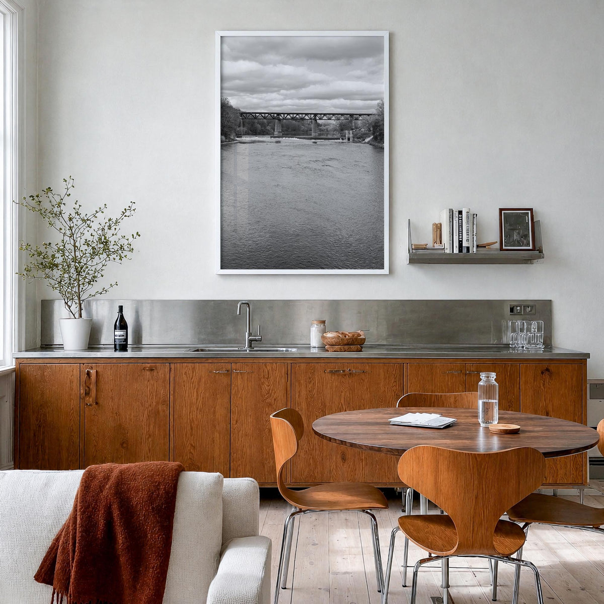 Ontario black & white photo poster of Canada – vertical wall art in white wood frame, hanging on wall