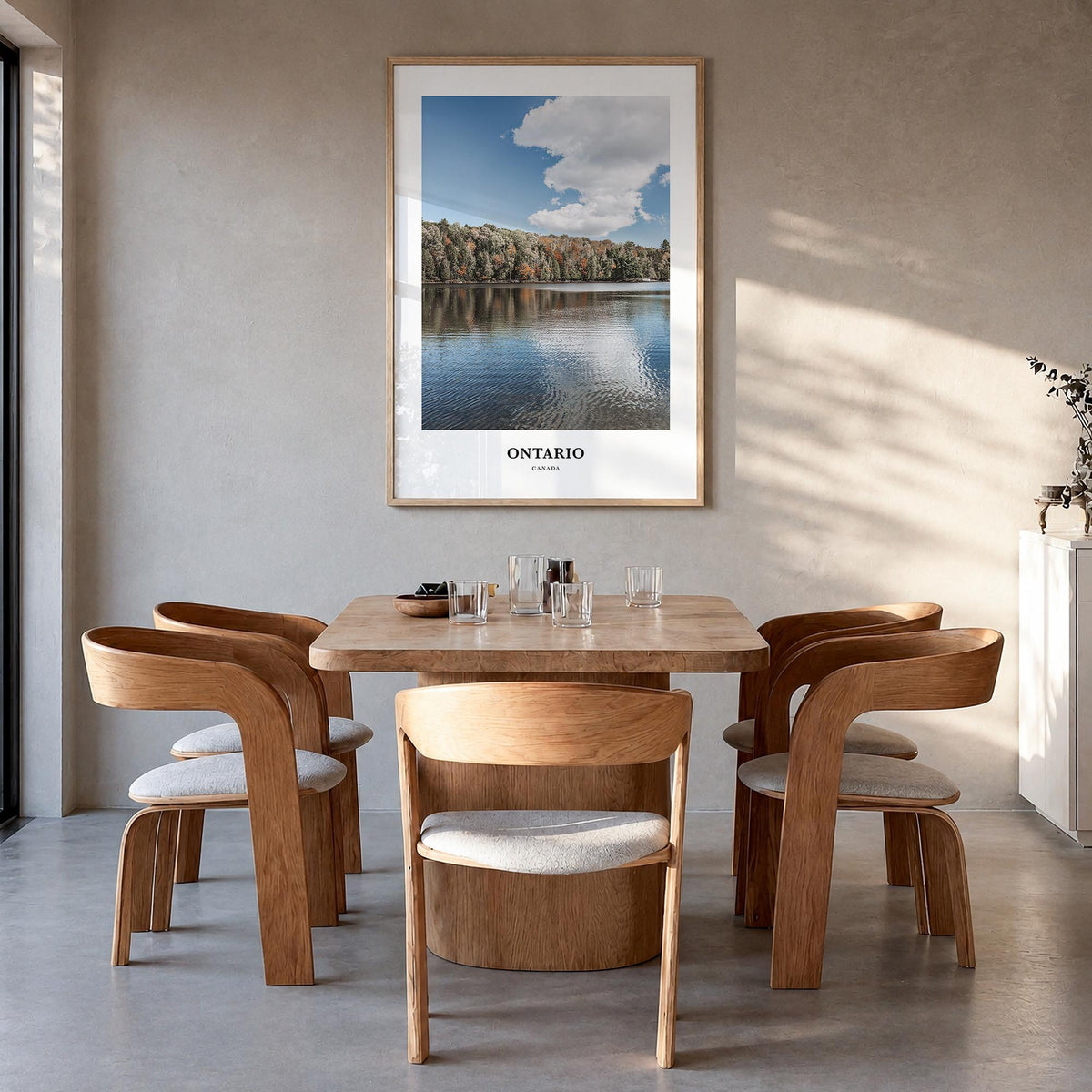 Ontario colorful classic poster of Canada – vertical wall art in natural wood frame, hanging on wall