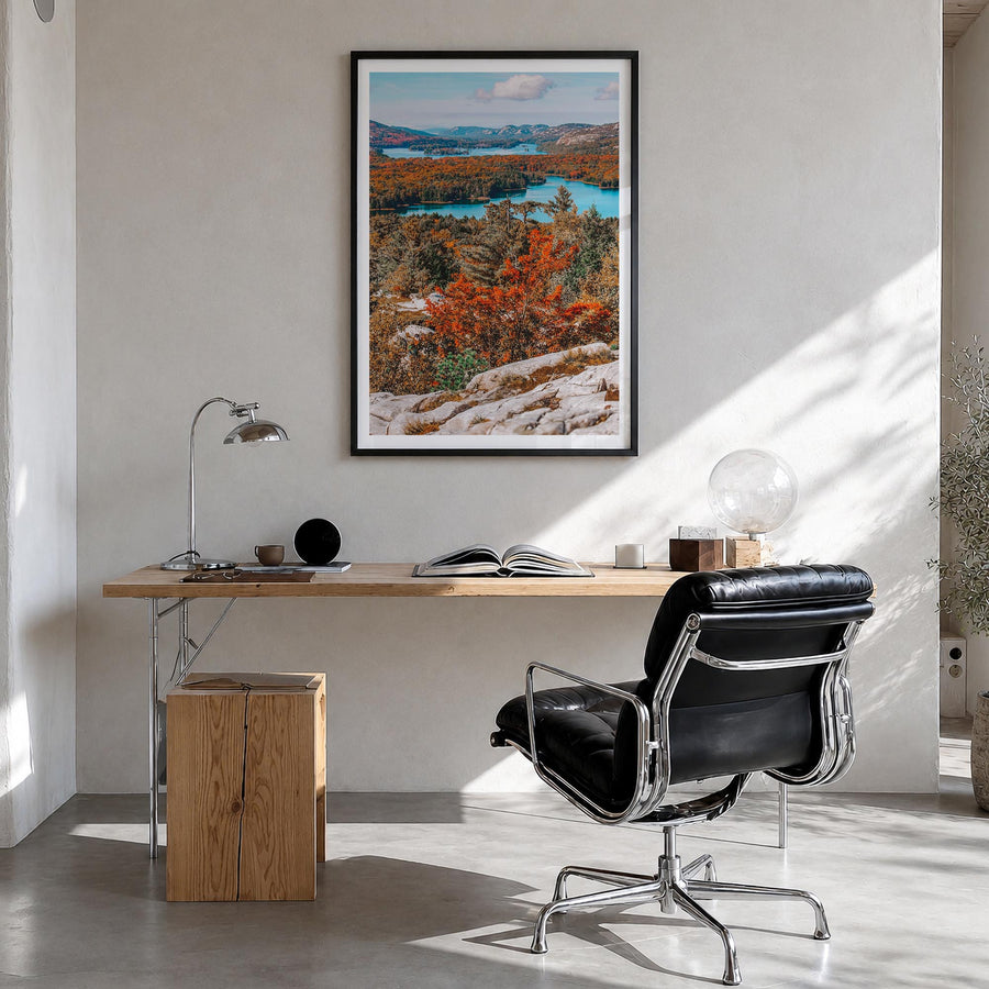 Ontario colorful photo poster of Canada – vertical wall art in black wood frame with white border, hanging on wall