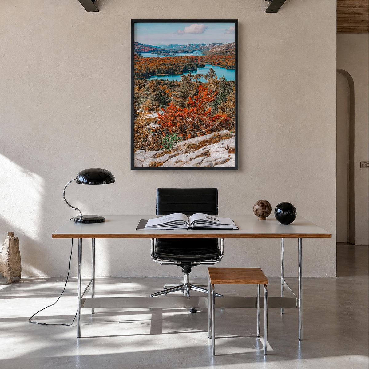 Ontario colorful photo poster of Canada – vertical wall art in black wood frame, hanging on wall