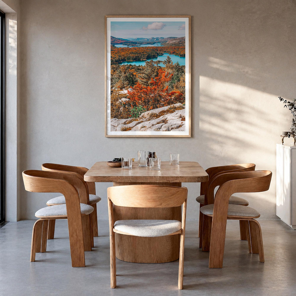 Ontario colorful photo poster of Canada – vertical wall art in natural wood frame with white border, hanging on wall