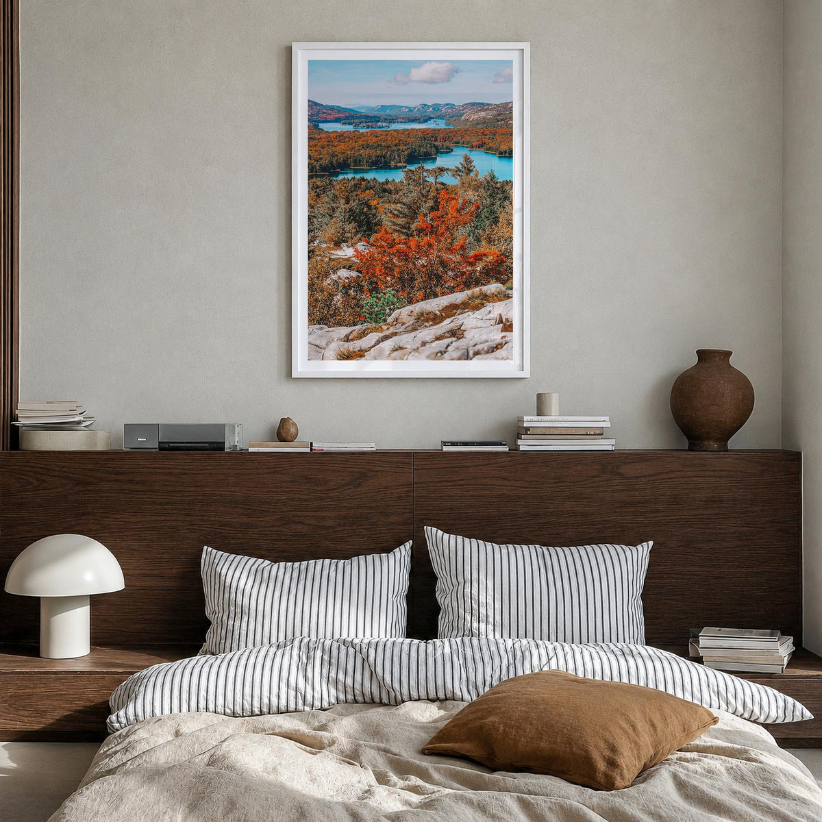Ontario colorful photo poster of Canada – vertical wall art in white wood frame with white border, hanging on wall