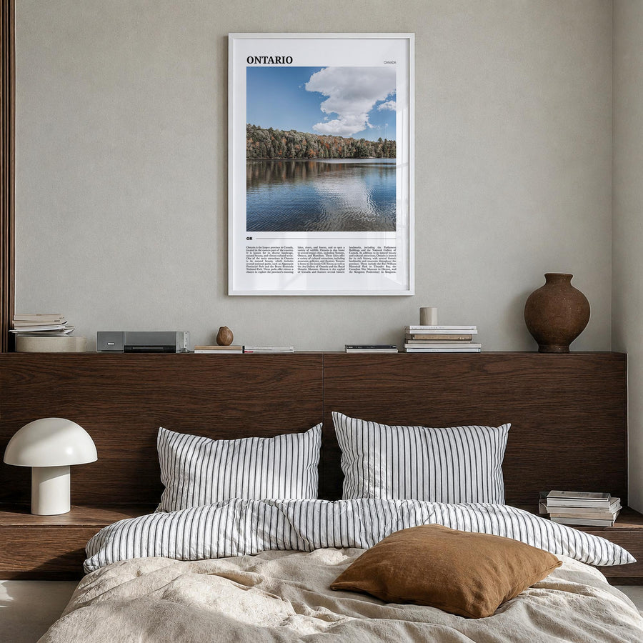 Ontario colorful travel poster of Canada – vertical wall art in white wood frame, hanging on wall