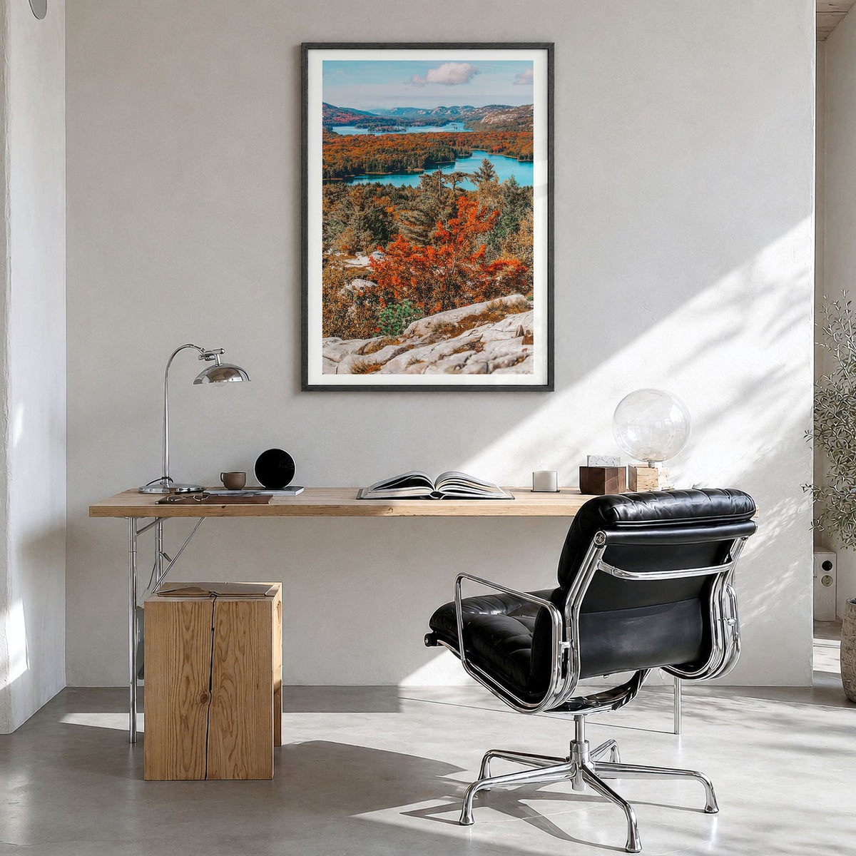 Ontario Photo Poster in a black wood frame, hanging in a bright home office, white border