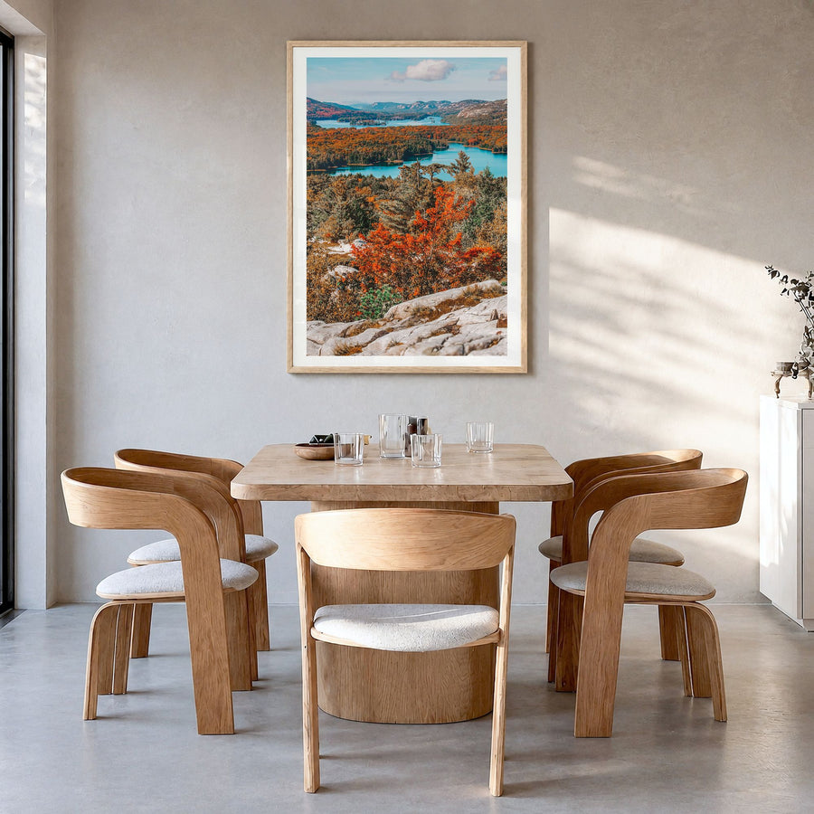 Ontario Photo Poster in a natural wood frame, hanging in a dining room, white border
